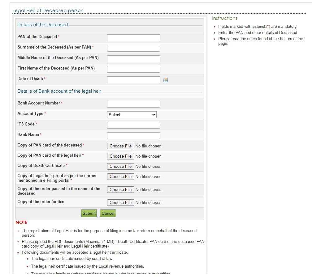 register as a legal heir on the e-filing website