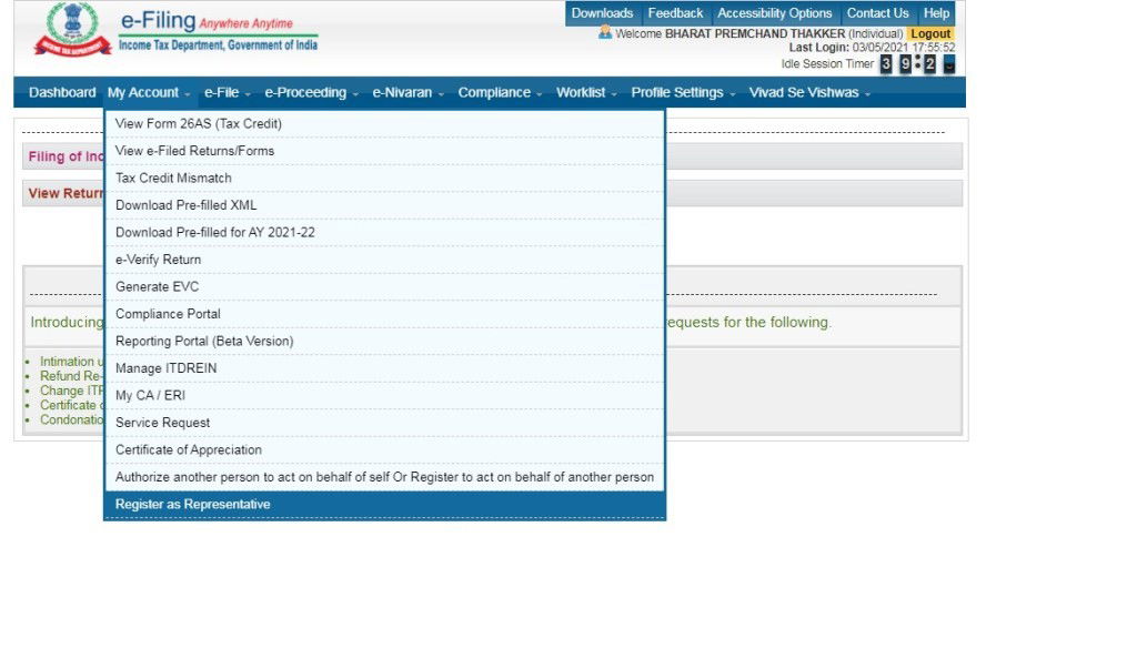 register as a representative on the e-filing website