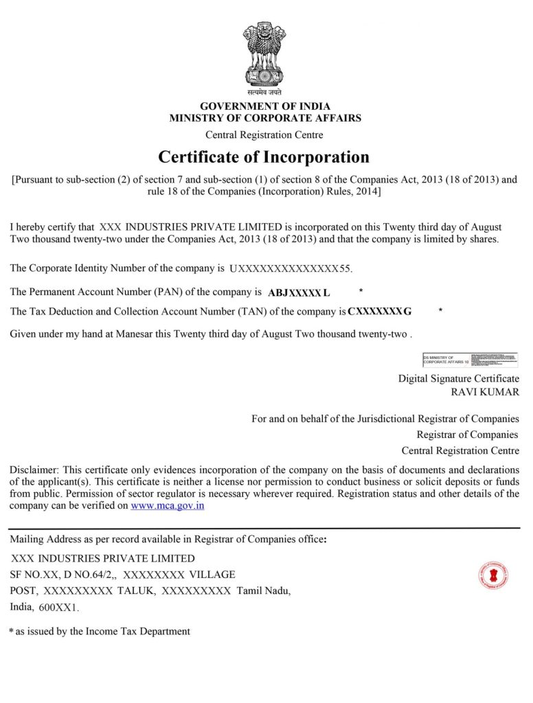 Sample - certificate of incorporation